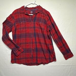 St. John's Bay Long Sleeve Plaid 100% Cotton Gauze Red Purple Womens Large